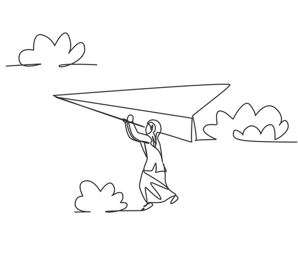Contínua uma linha desenhando jovem trabalhadora árabe segurando em avião de papel voador. Desafio empresarial. Conceito de metáfora minimalista. Desenho de linha única desenho vetorial ilustração gráfica - Vetor, Imagem