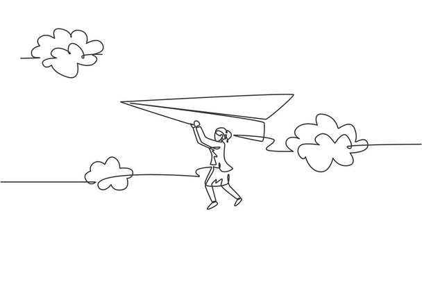 Una sola línea dibujando a una joven empresaria colgada en un avión de papel volador en el cielo. Objetivo de negocio desafío. Concepto mínimo de metáfora. Moderna línea continua dibujo diseño gráfico vector ilustración - Vector, imagen
