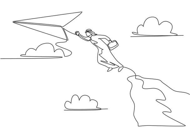 Een enkele lijn trekt jonge Arabische zakenman hoog springend van de top klif naar vliegend papieren vliegtuig te bereiken. Minimaal metafoor concept. Moderne continue lijn tekening ontwerp grafische vector illustratie - Vector, afbeelding