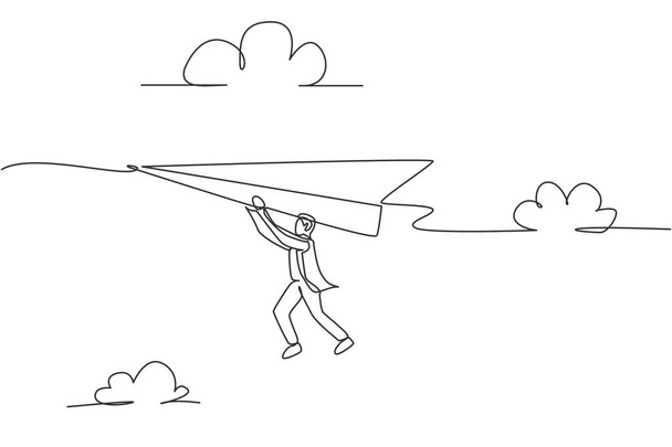 Contínua uma linha de desenho jovem trabalhador do sexo masculino pendurado firmemente em avião de papel voador. Sucesso negócio desafio metáfora conceito minimalista. Design de linha única na moda desenho vetorial ilustração gráfica - Vetor, Imagem