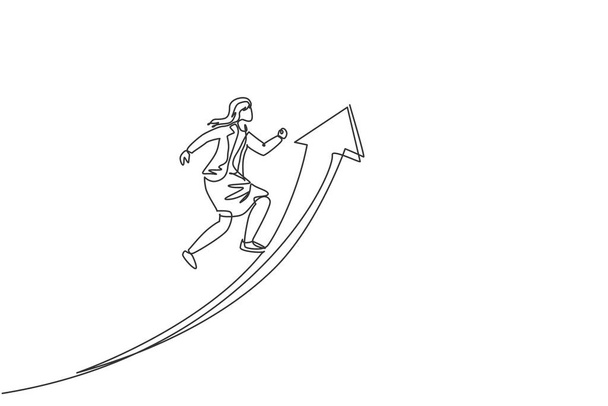 Single jatkuva linja piirustus nuori naispuolinen johtaja hyppäämällä korkealla nuoli symboli päästä tavoitteeseen. Ammattimainen liikenainen. Minimalismi käsite dynaaminen yhden linjan piirtää graafinen suunnittelu vektori kuva - Vektori, kuva