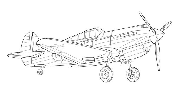 Lineart adult military aircraft coloring page for book and drawing. Airplane. Vector illustration. Vehicle. Graphic element. Plane. Black contour sketch illustrate Isolated on white background. - Vector, Image