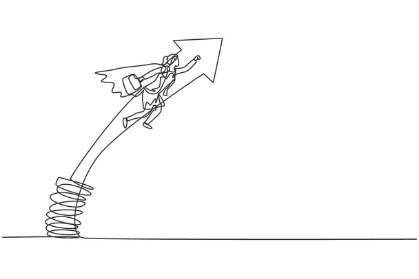 Dibujo continuo de una línea de una joven trabajadora volando saltando alto con resorte de metal. Concepto de metáfora minimalista del gestor de negocios exitoso. Ilustración gráfica vectorial de diseño de línea única - Vector, Imagen
