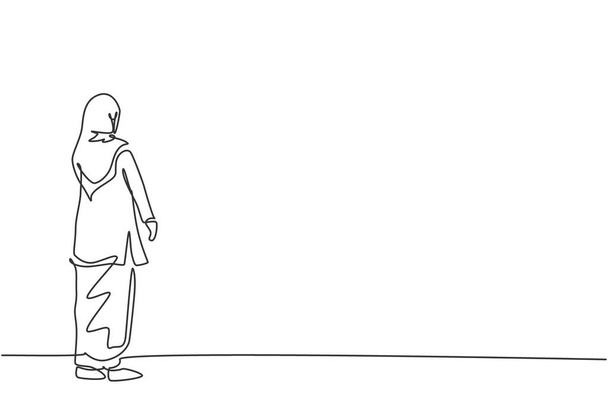 Безперервний малюнок молодої жінки-арабської працівниці, яка озирається назад, задній погляд. Успіх бізнес-менеджера мінімалістична концепція. Trendy single line drawing vector graphics - Вектор, зображення