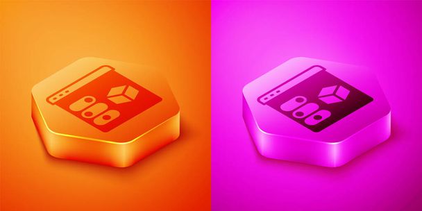 Isometrische 3D printer icoon geïsoleerd op oranje en roze achtergrond. 3D-printen. Hexagon knop. Vector - Vector, afbeelding