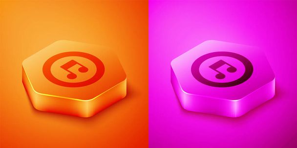 Nota musicale isometrica, icona di tono isolata su sfondo arancione e rosa. Pulsante esagonale. Vettore - Vettoriali, immagini