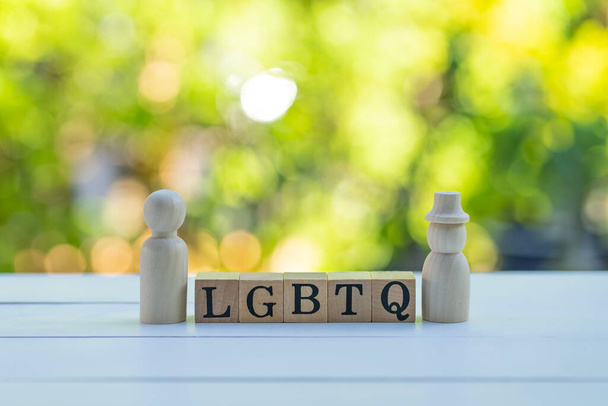 houten figuur en blokken met letters van LGBTQ op groene bokeh achtergrond - Foto, afbeelding