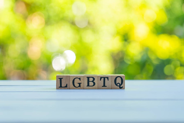 blocs de bois avec des lettres de LGBTQ sur fond bokeh vert - Photo, image