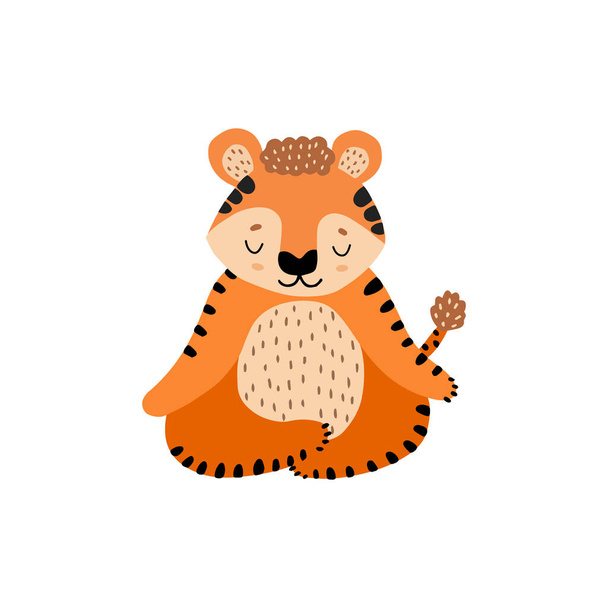 The symbol of the new year 2022 is a tiger. Registration of children's holidays. A animal for printing on children's clothing. Flat doodle style. Hand drawn. The tiger meditates in the lotus position. - Vettoriali, immagini