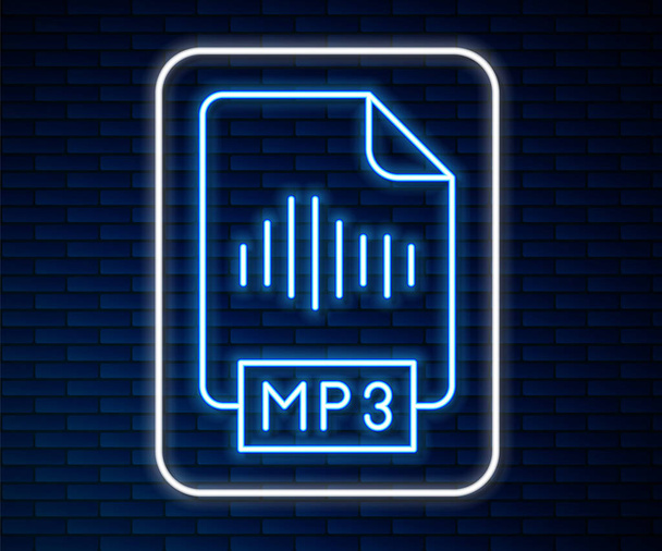 Documento de archivo MP3 de línea de neón brillante. Descargar icono del botón mp3 aislado en el fondo de la pared de ladrillo. Signo de formato de música Mp3. Símbolo de archivo MP3. Vector - Vector, imagen