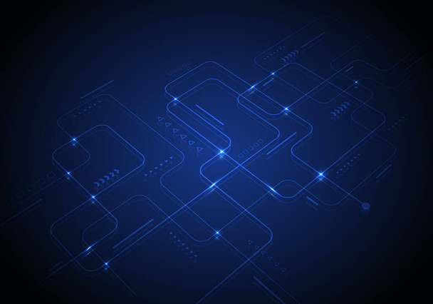 Placa de circuito futurista de tecnologia científica digital moderna abstrata com luz brilhante e perspectiva de elementos geométricos em fundo azul. Ilustração vetorial - Vetor, Imagem