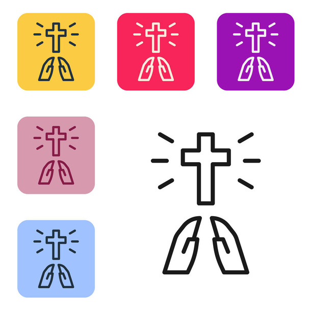 Linha preta Mãos no ícone de posição de oração isolado no fundo branco. Oração a Deus com fé e esperança. Definir ícones em botões quadrados de cor. Vetor - Vetor, Imagem
