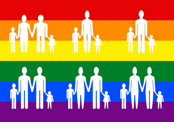 LGTBIQ + vlag met witte silhouetten met verschillende soorten gezinnen met kinderen, waaronder alleenstaande ouders - Vector, afbeelding