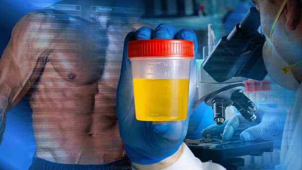 尿サンプルを入れた容器を持つ医師とその背景には、顕微鏡下でサンプルを調べる科学者の隣にアスリートの身体を持つ禁止物質のリストがあります。スポーツにおける概念ドーピング及び禁止物質 - 写真・画像