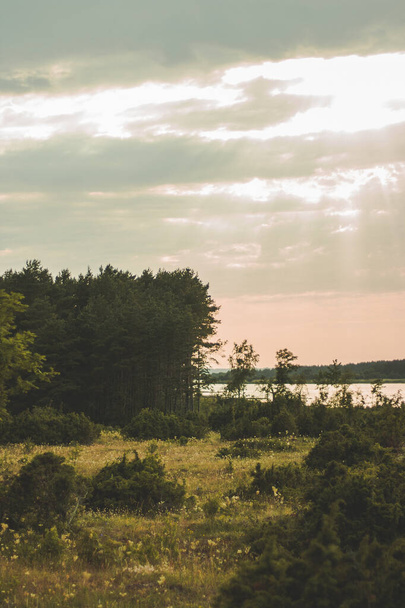 À travers les nombreux nuages, le soleil brillait de jaune doré dans la soirée. Les rayons du soleil brillent à travers les nuages sur le rivage de la mer à Hiiumaa, Estonie avec des arbres verts. - Photo, image