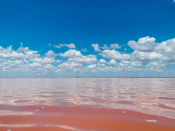 όμορφο τοπίο της λίμνης αλάτι με ροδόνερο και γαλάζιο ουρανό - Φωτογραφία, εικόνα