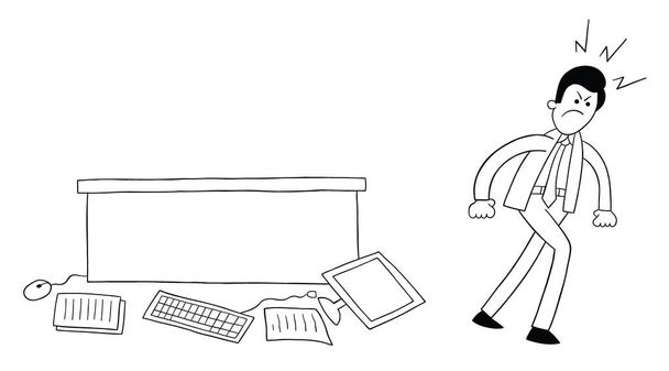 Cartoon businessman very angry, threw the computer and papers on the table to the floor, vector illustration. Black outlined and white colored. - Vector, afbeelding