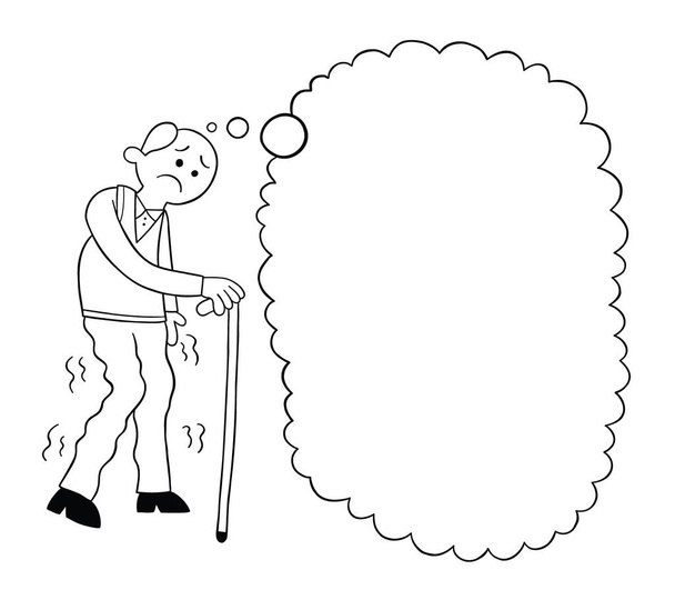 Hombre viejo de dibujos animados con bastón triste y pensamiento, ilustración vectorial. Negro perfilado y de color blanco. - Vector, imagen