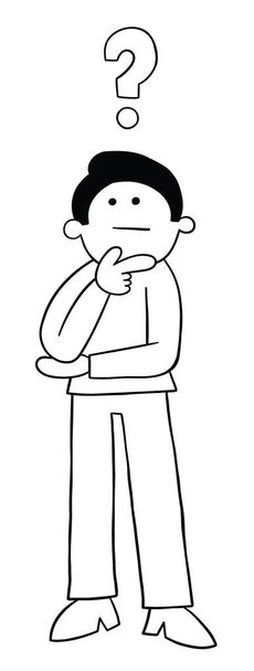 Cartoon standing young man thoughtful, vector illustration. Black outlined and white colored. - Vektor, obrázek