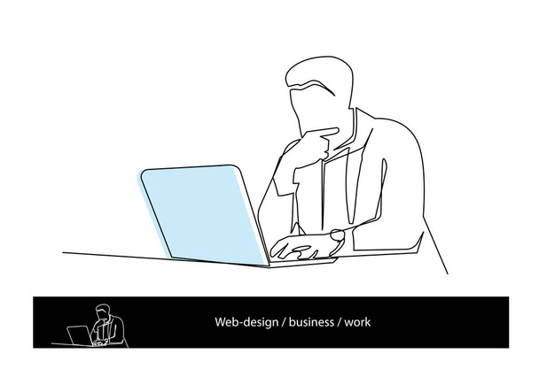  ノートパソコンに座っている男の一本の線画。コンピュータで働く - ベクター画像