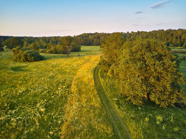 Aerial view of river in green meadows, beautiful sunset light. Meander evening panoram - Foto, Bild