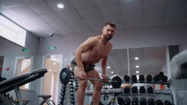 Muscular, handsome man, filmed in profile, performs deadlifts with the bar, in the gym, breathes hard and looks ahead. Intense masculine energy. Healthy lifestyle. Sport concept - Footage, Video
