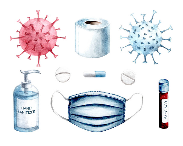 Aquarel covid-19 set van illustraties. Coronavirus bacteriën, ontsmettingsmiddel, pillen, masker, vaccin, test. Handgetekende aquareltekeningen geïsoleerd op witte ondergrond.Geïsoleerd . - Foto, afbeelding