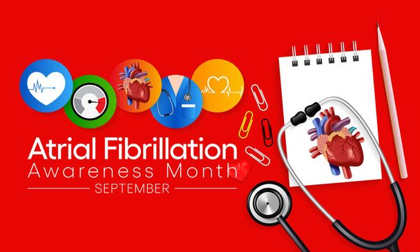 National Atrial Fibrillation (AFIB) Mês de Conscientização é observado todos os anos em setembro, é uma condição cardíaca que causa uma frequência cardíaca irregular e muitas vezes anormalmente rápida. Ilustração vetorial - Vetor, Imagem
