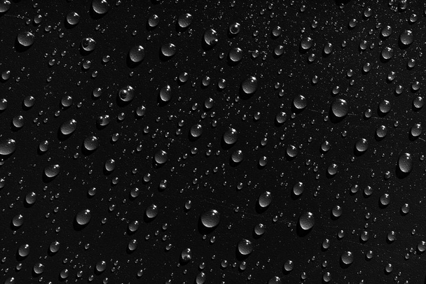 druppels water op een zwarte achtergrond. textuur. dauw aan de oppervlakte. Vochtinbrengend. druppels na regen of mist. - Foto, afbeelding