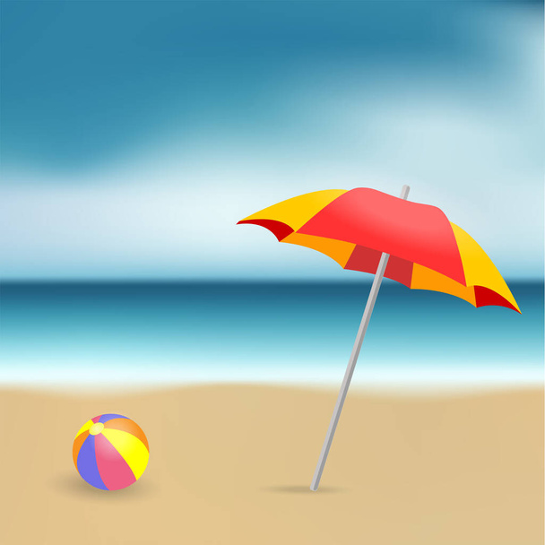 Il paesaggio marino delle vacanze estive. Una scena sulla spiaggia con un ombrellone e una palla, la riva del mare, l'orizzonte. Illustrazioni vettoriali - Vettoriali, immagini
