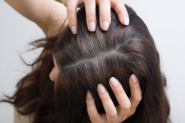 Женщина показывает седые волосы на голове. Волосы с фрагментами седых волос, корни волос, требующие окрашивания - Фото, изображение