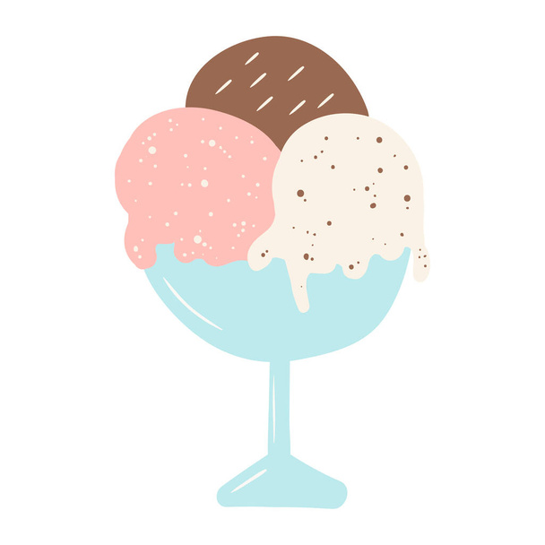 Illustrazione doodle vettoriale disegnata a mano tre palline di gelato di colore marrone, rosa e bianco con spruzzi sulla parte superiore in ciotola isolata su sfondo bianco. Cioccolato, fragola e vaniglia sapori pastello  - Vettoriali, immagini