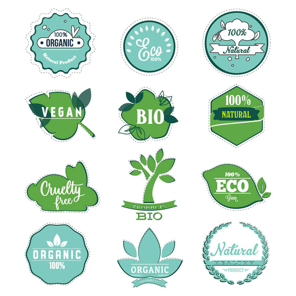 Bio and eco label to organic product, eco friendly stickers for food badge, nutrition for vegan, quality sticker of vegetarian product, sustainable veggie, cruelty free, vector illustration - Vector, Image