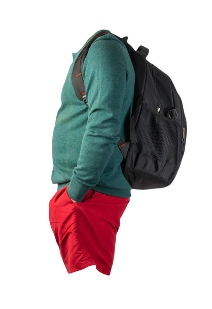 black backpack,red shorts,turquoise sweater isolated on white background. casual wear - Fotografie, Obrázek