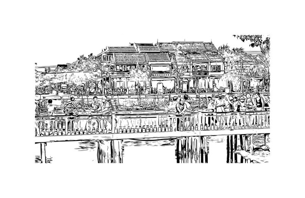 Imprimir Vista del edificio con hito de Hoi An es una ciudad en Vietnam. Dibujo dibujado a mano ilustración en vector. - Vector, Imagen