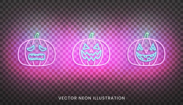 Halloween pompoenen neon teken. Set van heldere Jack O lantaarn voor Halloween - Vector, afbeelding