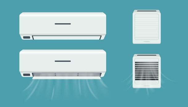 Air conditioner and breather. Cold flow from climate control equipment. Office and home purifier with cool breeze. Household conditioning appliances set. Vector indoor split system - Vector, Image