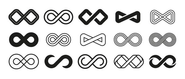 Loop symbol. Mobius ribbon shape. Abstract repetition and infinity sign. Endless or eternity geometric emblem. Isolated cycle logo collection. Vector black and white line icons set - Vector, Image