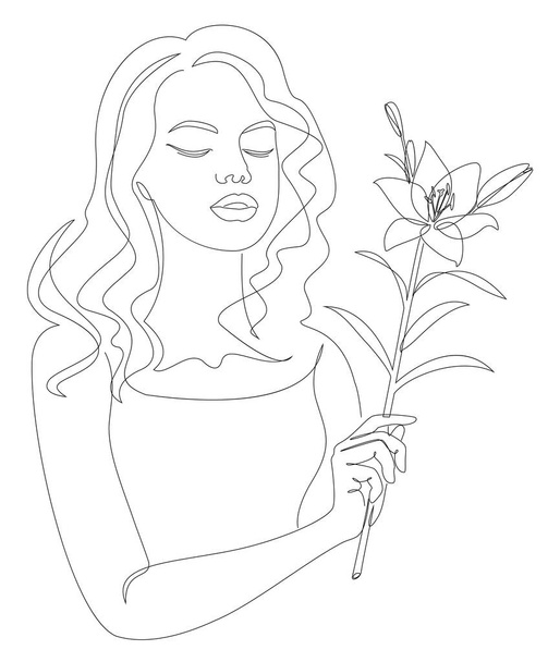 A menina tem uma flor de lírio na mão. Silhuetas em estilo moderno moderno com uma linha. Sólido contorno para decoração, cartazes, adesivos, logotipo. Ilustração vetorial. - Foto, Imagem