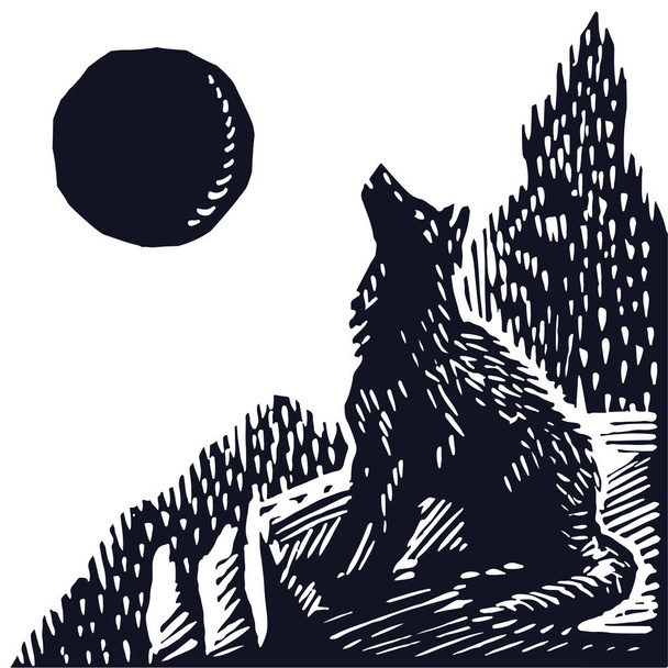 Wolf huilt naar de maan illustratie. Een eenzame wolf huilt bij volle maan. Nacht met een volle maan illustratie - Vector, afbeelding