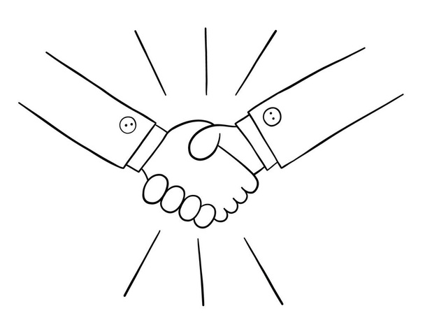 Cartoon two businessmen shaking hands, vector illustration. Black outlined and white colored. - Vector, afbeelding