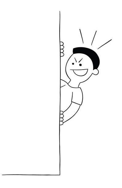 Cartoon sneaky man hiding behind the wall, vector illustration. Black outlined and white colored. - Vektori, kuva
