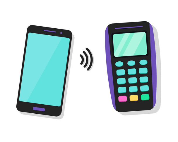 Koncepcja płatności mobilnych. Płatność bezdotykowa. Smartfon i terminal płatniczy na białym tle. Ilustracja wektora - Wektor, obraz