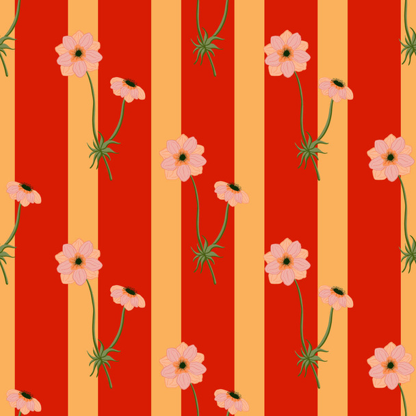 Літній безшовний візерунок з мило-рожевими квітками анемони. Червоний і помаранчевий смугастий фон. Стокова ілюстрація. Векторний дизайн для текстилю, тканини, обгортання подарунків, шпалер
. - Вектор, зображення