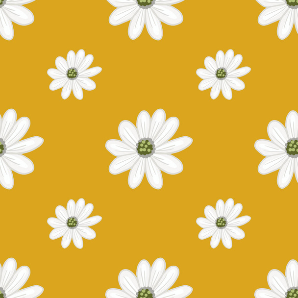 Yaz mevsimi pürüzsüz desenli, basit papatya çiçekleri süslemeli. Sarı arka plan. Doğa baskısı. Stok çizimi. Tekstil, kumaş, hediye paketi, duvar kağıtları için vektör tasarımı. - Vektör, Görsel