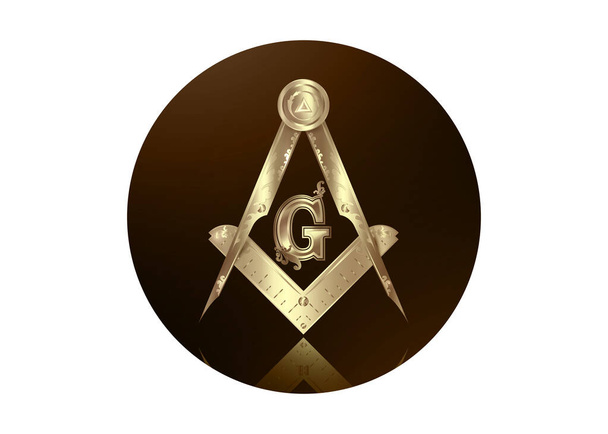 Gold freemasonry emblem - the masonic square and compass symbol. All seeing eye of god in sacred geometry triangle, masonry and illuminati symbol, round logo design element. vector isolated on white - Vector, Image