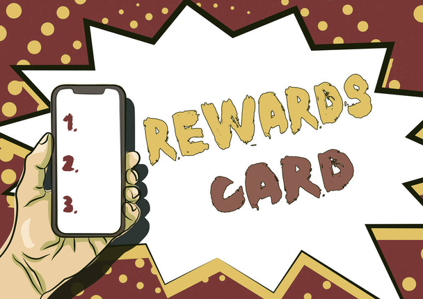 Escrevendo exibindo texto Rewards Card. Foto conceitual Ajude a ganhar pontos em dinheiro a milhas da compra diária Incentivos Exibindo Informações Importantes, Apresentando Anúncios de Smartphone - Foto, Imagem