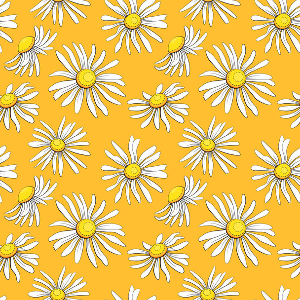 Seamless pattern with chamomile flowers. Vector floral illustration on yellow background. - Διάνυσμα, εικόνα