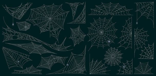 Halloween cobweb. Spider web spooky halloween decoration, scary torn cobweb symbols vector illustration set. Spider web silhouette elements - Vector, Image