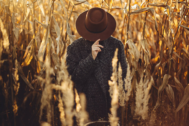 Красива стильна жінка ховається обличчям з коричневим капелюхом і позує в осінньому кукурудзяному полі під час заходу сонця. Модна молода хіпстерка в ретро пальто, що стоїть в осінній кукурудзі. Творчий образ
 - Фото, зображення